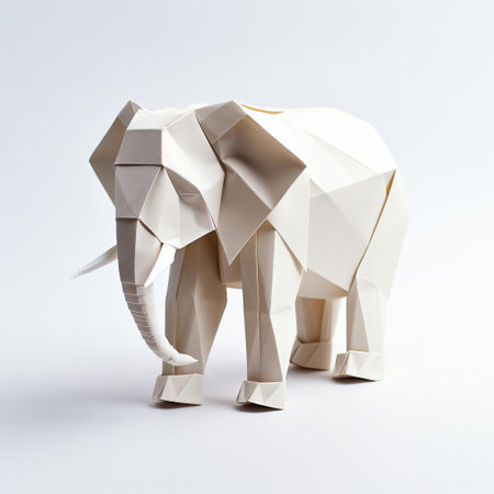 the origami elephant, delicately crafted from intricately folded paper, stands proudly against a pristine white background, showcasing its gentle curves and subtle textures, evoking a sense of serenity and creativity, perfect for fans of japanese art and paper crafting enthusiasts. ai generatedの素材