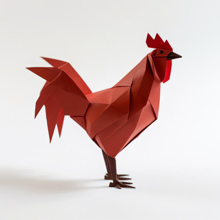 the origami chicken, crafted with precision and care, sits proudly against a crisp white background, its delicate paper folds and gentle curves evoking a sense of whimsy and playfulness, perfect for fans of japanese paper art and diy crafts. ai generatedの素材