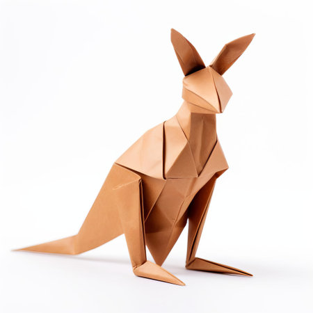 the kangaroo, crafted from intricately folded paper, sits proudly against a crisp white background, showcasing the art of origami in a delightful and minimalist composition, perfect for fans of paper art, diy crafts, and australian wildlife enthusiasts. ai generatedの素材