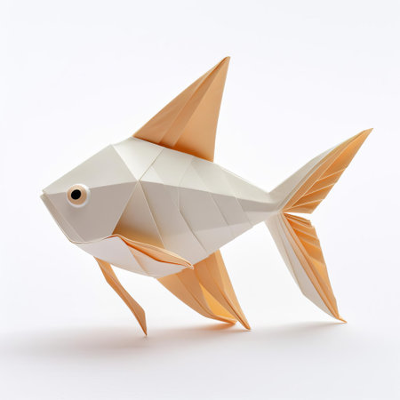 delicate origami fish sits serenely on a pristine white background, its intricately folded scales and fins a testament to the ancient japanese art of paper folding, perfect for diy enthusiasts and crafty individuals looking for a creative outlet. ai generatedの素材