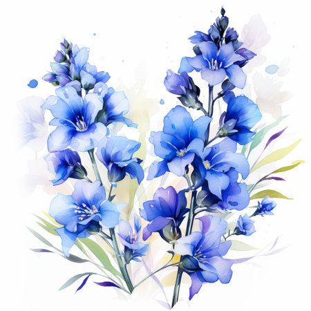 delphinium flowers are beautifully depicted in this delicate watercolor painting, set against a crisp white background, showcasing their vibrant purple hues and intricate details, perfect for nature lovers and art enthusiasts seeking elegant botanical illustrations for home decor or gift ideas. ai generatedの素材