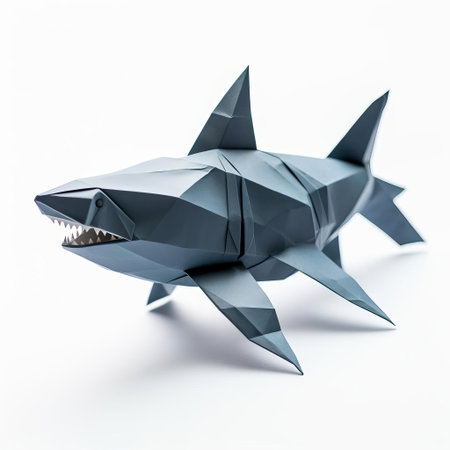the shark, crafted from intricately folded paper, sits majestically against a pristine white background, showcasing the art of origami in a mesmerizing display of simplicity and elegance, perfect for fans of paper art, diy crafts, and marine life enthusiasts. ai generatedの素材
