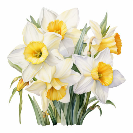 the narcissus flower, symbolizing rebirth and renewal, takes center stage in this delicate watercolor artwork, set against a pristine white background, evoking feelings of serenity and calmness, perfect for nature lovers and art enthusiasts alike, adding a touch of elegance to any room's decor. ai generatedの素材
