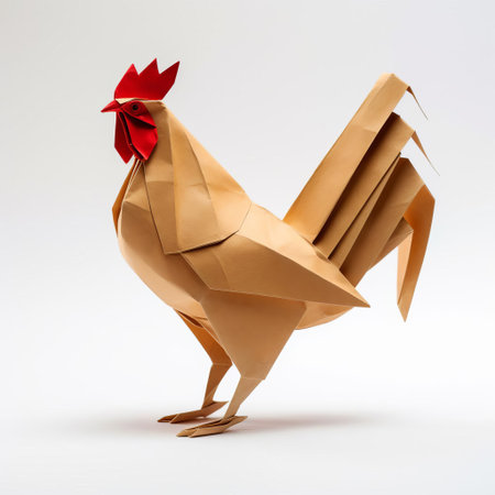 a delightful origami chicken sits proudly against a crisp white background, showcasing its intricately folded paper feathers and beak, a testament to the ancient japanese art of paper folding, perfect for diy enthusiasts and crafty individuals looking for a fun and creative project. ai generatedの素材