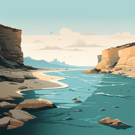the coastline stretches serenely in this minimalist cartoon illustration, featuring gentle waves, soft sandy shores, and a clear blue sky, evoking a sense of peacefulness and tranquility, perfect for relaxation and meditation, with its simple yet captivating design. ai generatedの素材