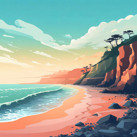 the coastline stretches serenely in this minimalist cartoon illustration, featuring a subtle blend of soft blue hues and gentle waves, evoking a sense of peacefulness and tranquility, perfect for relaxation and meditation, with its simple yet captivating design. ai generatedの素材