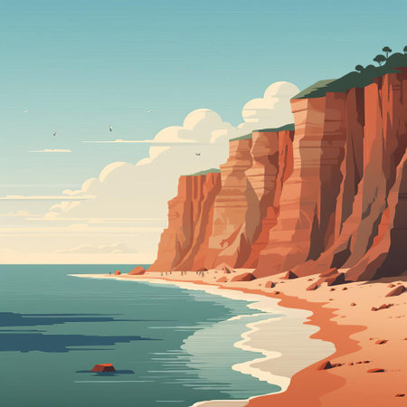 the coastline stretches serenely in this minimalist cartoon illustration, featuring a simplified yet vibrant depiction of a seaside landscape with gentle waves, a few sailboats, and a clear blue sky, evoking a sense of peacefulness and tranquility, perfect for relaxation and meditation. ai generatedの素材