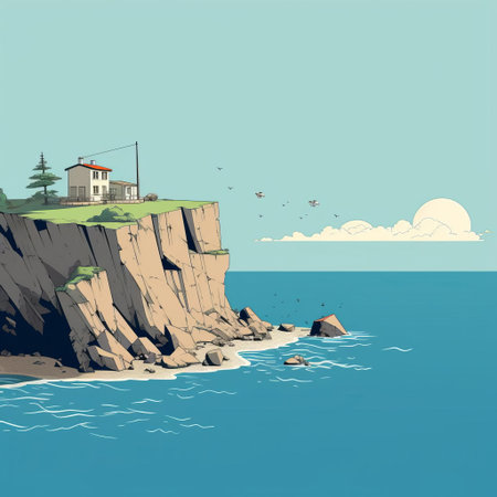coastline serenely stretches along the horizon in this minimalist cartoon illustration, featuring gentle waves, soft sandy shores, and a few scattered seagulls flying overhead, evoking a sense of peacefulness and tranquility in a simplified yet captivating visual representation of a seaside scene. ai generatedの素材