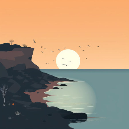 the coastline stretches serenely in this minimalist cartoon illustration, featuring gentle waves, soft sandy shores, and a few scattered seagulls flying overhead, evoking a sense of peacefulness and tranquility, perfect for relaxation and calming the mind. ai generatedの素材