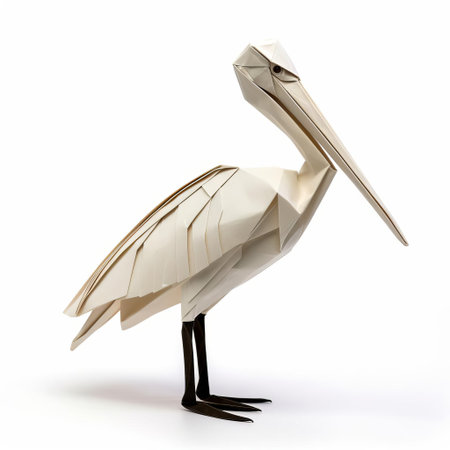 the pelican, crafted from intricately folded paper, sits serenely against a pristine white background, showcasing the delicate art of origami and the beauty of paper folding, perfect for fans of japanese culture and handmade crafts. ai generatedの素材