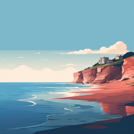 coastline scenery unfolds in a minimalist cartoon style, featuring a serene ocean with gentle waves, a few sailboats, and a subtle sandy beach, evoking a sense of tranquility and relaxation, perfect for a calming wallpaper or design element. ai generatedの素材