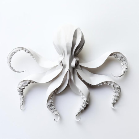 the origami octopus, delicately crafted from paper, sits proudly on a pristine white background, its intricate tentacles curled up in a mesmerizing display of paper folding art, perfect for fans of japanese-inspired crafts and marine life enthusiasts alike, showcasing creativity and skill. ai generatedの素材