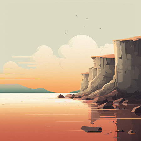the coastline stretches serenely in this minimalist cartoon illustration, featuring gentle waves, soft sandy shores, and a clear blue sky, evoking a sense of tranquility and relaxation, perfect for a calming desktop wallpaper or a soothing print for a beach-themed room. ai generatedの素材