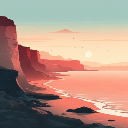 coastline scenery unfolds in a serene minimalist cartoon illustration, featuring gentle waves, soft sandy shores, and a few sailboats drifting lazily on the calm turquoise water, evoking a sense of peacefulness and tranquility in this idyllic seaside setting. ai generatedの素材