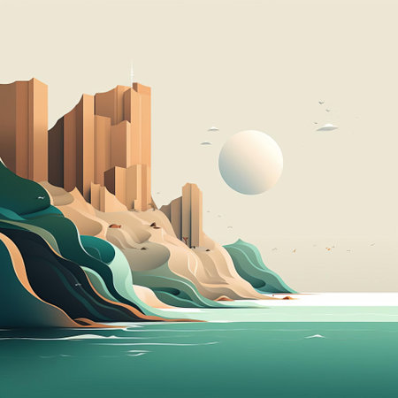 the coastline stretches peacefully in this minimalist cartoon illustration, featuring gentle waves, serene sky, and a subtle sandy beach, evoking a sense of calmness and tranquility, perfect for relaxation and meditation, with its soft colors and simple lines. ai generatedの素材