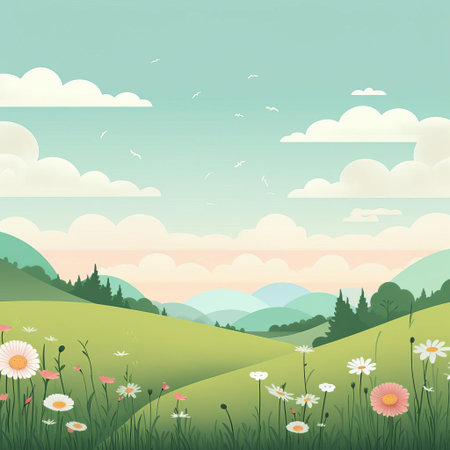 the serene cartoon meadow scene features a bright blue sky with fluffy white clouds, surrounded by vibrant green grass and colorful flowers, creating a peaceful atmosphere, perfect for relaxation and meditation, evoking feelings of calmness and tranquility in this whimsical landscape. ai generatedの素材