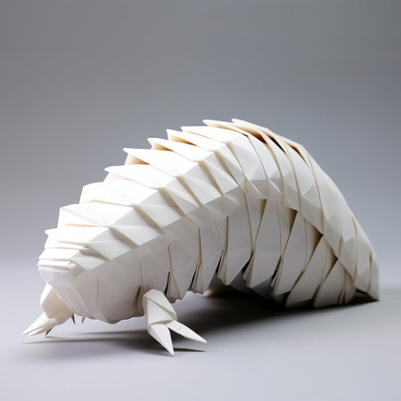 the caterpillar, crafted from intricately folded paper, sits elegantly on a pristine white background, showcasing the delicate art of origami, a traditional japanese paper folding technique that requires patience and skill, resulting in a beautiful, lifelike insect sculpture. ai generatedの素材
