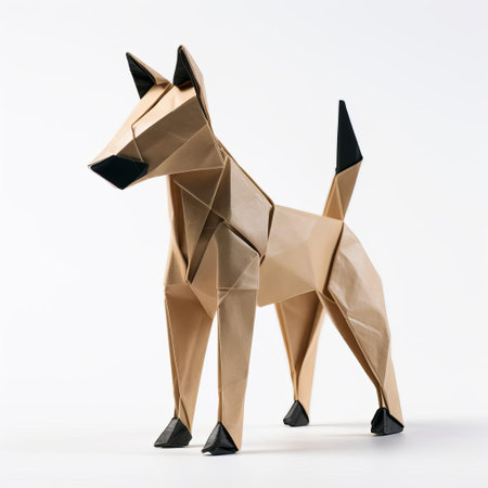 the adorable origami dog, crafted with precision and care, sits proudly against a crisp white background, showcasing its intricate paper folds and delicate features, perfect for fans of japanese art, paper crafting, and diy projects. ai generatedの素材