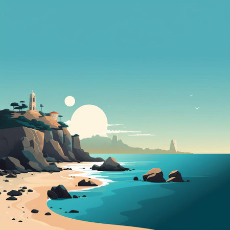 the coastline stretches serenely in this minimalist cartoon illustration, featuring a simplistic yet vibrant depiction of rolling waves, sandy shores, and a clear blue sky, evoking a sense of tranquility and relaxation, perfect for a calming digital wallpaper or print design. ai generatedの素材