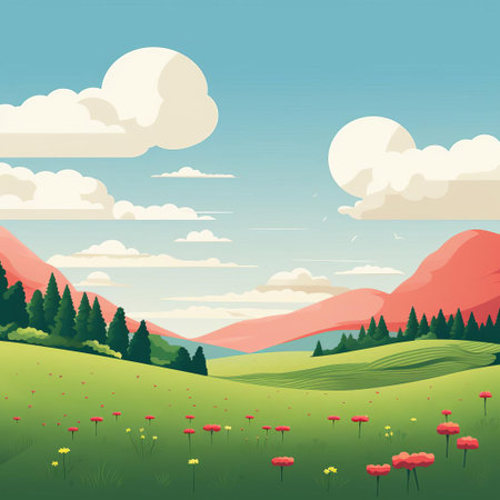 a serene cartoon meadow scene features a bright blue sky with fluffy white clouds, surrounded by vibrant green grass, colorful wildflowers, and a few playful butterflies fluttering around, creating a peaceful and idyllic atmosphere perfect for relaxation and daydreaming. ai generatedの素材