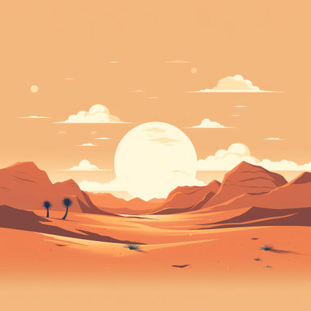 the desert landscape stretches far and wide in this minimalist cartoon illustration, featuring a lone cactus standing tall amidst the endless dunes of golden sand, under a bright blue sky with a few wispy clouds, evoking a sense of serenity and peacefulness in this arid environment. ai generatedの素材