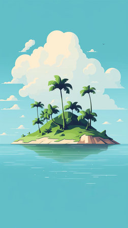 the serene cartoon island, surrounded by crystal-clear turquoise waters, features a lush green palm tree and a few scattered rocks, evoking a sense of peaceful isolation and tranquility, perfect for a relaxing tropical getaway or a fun summer vacation adventure. ai generatedの素材