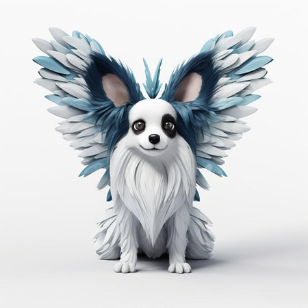 the papillon, a small, friendly dog breed, is beautifully showcased in this 3d style image against a crisp white background, highlighting its distinctive butterfly-like ears, fluffy coat, and cute facial expression, perfect for dog lovers and enthusiasts of this charming companion animal. ai generatedの素材