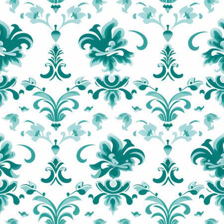 teal damask vector patterns adorn this elegant design, set against a crisp white background, perfect for adding a touch of sophistication to your digital projects, such as invitations, wallpapers, and website designs, with its intricate ornate details and luxurious feel. ai generatedの素材