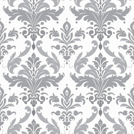 the elegant gray damask vector pattern sits beautifully on a crisp white background, showcasing intricate floral designs and ornate details, perfect for adding a touch of sophistication to your digital projects, such as wallpapers, invitations, and packaging designs, ideal for luxury and vintage-themed applications. ai generatedの素材