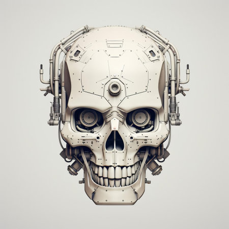 robot skull takes center stage in this minimalist poster design, surrounded by a clean white background that accentuates its metallic features, perfect for sci-fi fans and industrial art enthusiasts looking for a futuristic aesthetic in their home decor or office space. ai generatedの素材