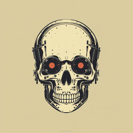 robot skull takes center stage in this striking minimalist poster, set against a clean white background to emphasize its metallic features and glowing blue eyes, evoking a sense of futuristic technology and artificial intelligence in a bold, modern design. ai generatedの素材