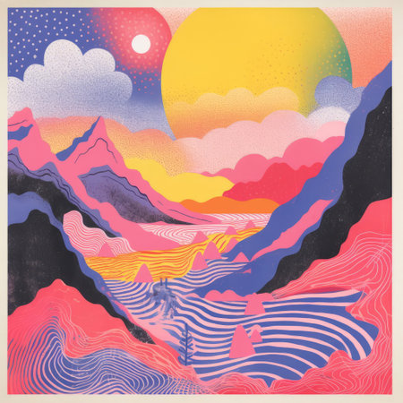 mountainous landscape photography features a serene scene of rolling hills, misty valleys, and majestic peaks, evoking a sense of tranquility and wonder, reminiscent of risograph design's bold, vibrant, and dreamy aesthetic, perfect for nature lovers and art enthusiasts alike. ai generatedの素材