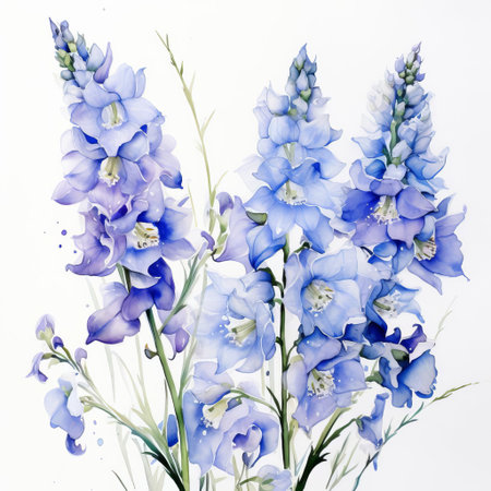 delphinium flowers bloom vibrantly in this stunning watercolor artwork, set against a crisp white background, showcasing their majestic spikes and delicate petals, perfect for nature lovers and botanical enthusiasts seeking elegant floral illustrations for home decor or stationery designs. ai generatedの素材