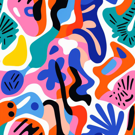 matisse's vibrant conceptual art pattern bursts with colorful shapes and swirling lines, evoking a sense of dynamic energy and creative freedom, blending modern art movements with expressive abstract designs, perfect for art lovers and enthusiasts of avant-garde style. ai generatedの素材