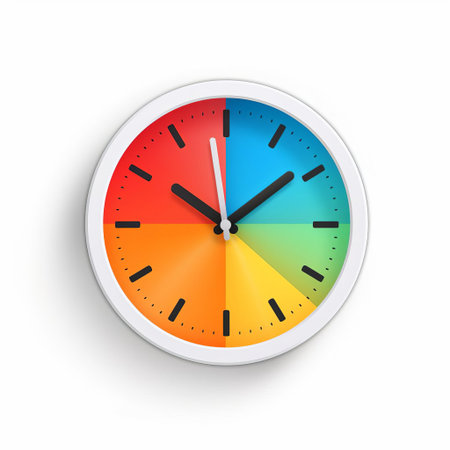 the clock icon stands out against a crisp white background, surrounded by a vibrant color block design that adds a pop of personality to any digital interface, perfect for modern website and mobile app design projects requiring a touch of simplicity and elegance. ai generatedの素材