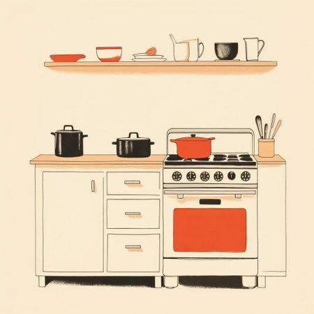 retro kitchen scenery is beautifully captured in this minimalist monotype print, featuring a nostalgic blend of vintage appliances, classic cabinetry, and warm lighting, evoking a sense of simplicity and coziness, perfect for those who adore mid-century modern decor and nostalgic kitchen designs. ai generatedの素材