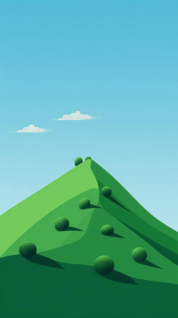 mountain landscape features a serene minimal cartoon hill surrounded by fluffy white clouds and a bright blue sky, evoking a sense of peacefulness and tranquility, perfect for wallpaper or design inspiration, conveying simplicity and elegance in digital art. ai generatedの素材