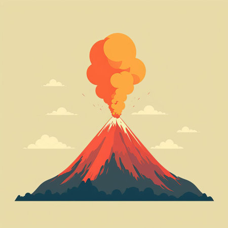 the volcano stands tall in a whimsical landscape, its minimalist design and vibrant colors evoking a sense of playful wonder, as if waiting to erupt with creative energy, perfect for illustrations, graphics, and educational materials about geology and earth sciences. ai generatedの素材