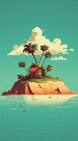 the serene cartoon island, surrounded by crystal-clear turquoise waters, boasts a lush green landscape with swaying palm trees, a picturesque sandy beach, and a bright blue sky with fluffy white clouds, evoking a sense of tranquility and relaxation in this idyllic tropical paradise. ai generatedの素材