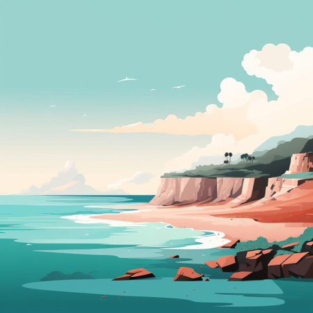 coastline serenely stretches along the horizon in this minimalist cartoon illustration, featuring gentle waves, soft sandy shores, and a few scattered seagulls flying overhead, evoking a sense of peacefulness and tranquility, perfect for relaxation and calming atmosphere. ai generatedの素材