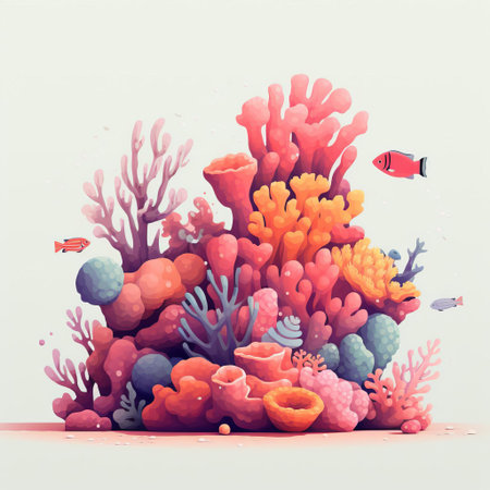 a vibrant coral reef scene is depicted in a minimalist cartoon style, showcasing a diverse array of marine life, including colorful fish, sea turtles, and playful sea creatures, set against a bright blue ocean background, perfect for kids and ocean lovers alike. ai generatedの素材