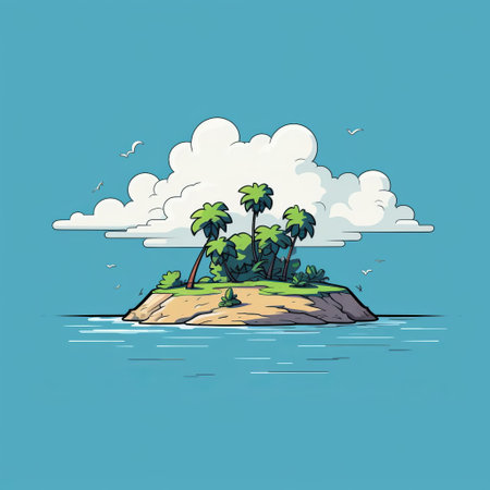 a serene cartoon island floats peacefully in the turquoise ocean, surrounded by a few palm trees and a sailboat drifting by, evoking a sense of tranquility and relaxation, perfect for a tropical getaway or a summer vacation, with its vibrant colors and playful atmosphere. ai generatedの素材