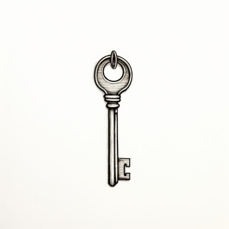 key, a symbol of unlocking opportunities, is elegantly depicted in a simple line art style against a crisp white background, exuding minimalism and sophistication, perfect for designs requiring a touch of subtlety and refinement in digital illustrations and graphic designs. ai generatedの素材
