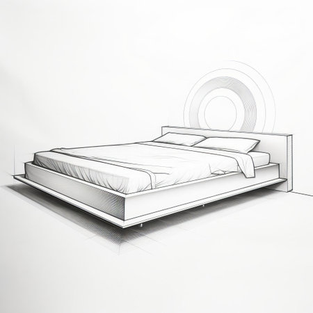 the bed, illustrated in simple line art style, stands out against a pristine white background, exuding a sense of serenity and calmness, perfect for a peaceful slumber, and adding a touch of minimalist elegance to any bedroom decor or interior design. ai generatedの素材