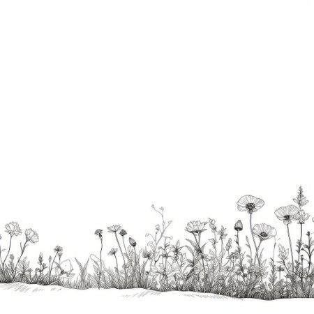 the meadow stretches endlessly, filled with vibrant wildflowers and lush green grass, surrounded by a continuous line that creates a sense of depth, set against a pristine white background, evoking feelings of serenity and tranquility in this peaceful natural landscape scene. ai generatedの素材