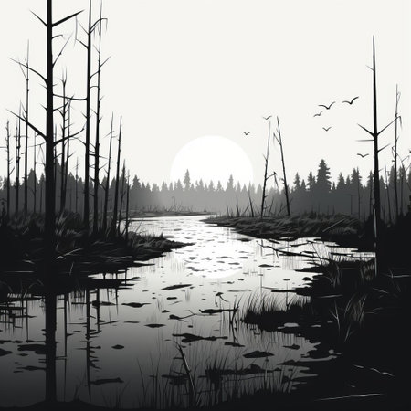 the swamp, a mysterious and eerie ecosystem, is beautifully depicted in this minimalist line art illustration, rendered in striking black and white tones, evoking a sense of simplicity and sophistication, while highlighting the intricate textures and patterns of the murky wetland environment. ai generatedの素材