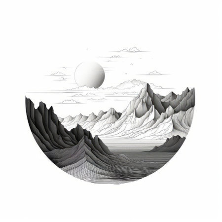 badlands landscape stretches across the horizon, its rugged beauty simplified into minimalist line art, rendered in striking black and white tones that evoke a sense of dramatic contrast, perfect for nature lovers and fans of monochromatic artistry. ai generatedの素材
