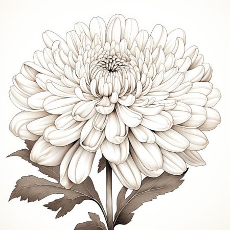 chrysanthemum, a symbol of longevity and honor, is beautifully illustrated in simple line art against a clean white background, showcasing the intricate details of its delicate petals and sturdy stem, perfect for minimalist designs and elegant decorations. ai generatedの素材