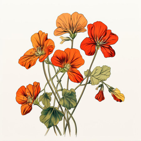 nasturtium flowers bloom vibrantly in this simple yet elegant line art illustration, set against a crisp white background, showcasing their delicate petals and stems in a beautiful display of nature's charm, perfect for botanical art enthusiasts and flower lovers alike. ai generatedの素材