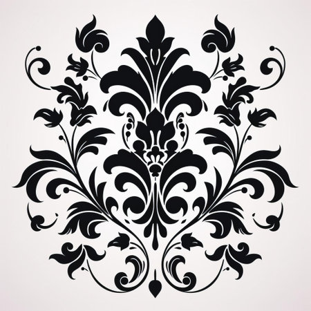 the elegant black damask vector pattern stands out against a crisp white background, showcasing intricate floral designs and ornate details, perfect for luxury branding, wedding invitations, and sophisticated digital designs that require a touch of classic sophistication and refinement. ai generatedの素材